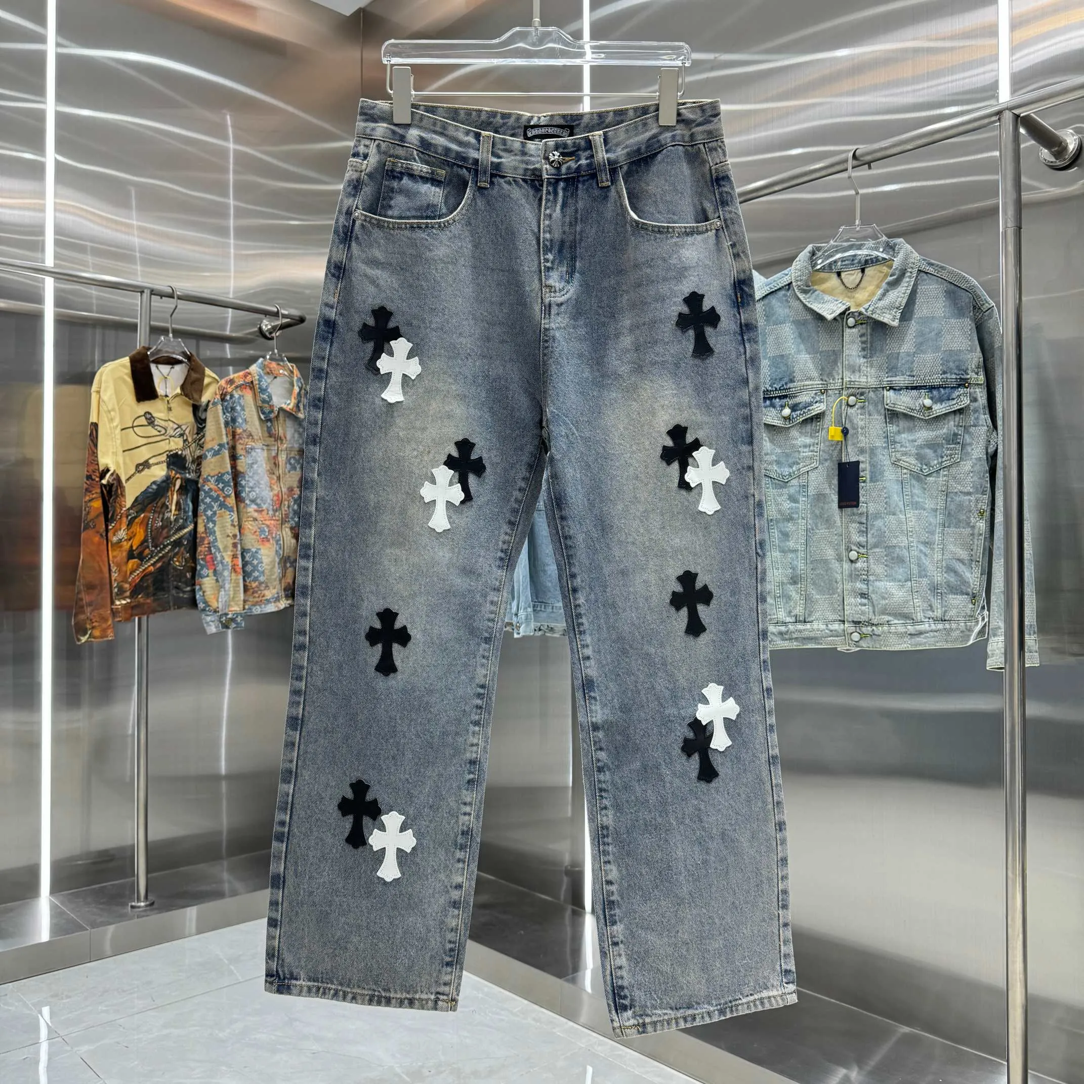 🅿️270 Crow Heart Cross logo + printed logo jeans 2025 latest product, original goods, washed casual jeans, imported original washed stretch fabric, comfortable and elastic, original hardware accessories decorated with logo, super correct version, extremely high grade, counter quality, fashionable and stylish upper body. The printing adopts imported foam printing, customized buttons, YKK zippers. The complete set of accessories is customized by molding. Color: blue Size: S-XXL 28 30 32 34 36 code